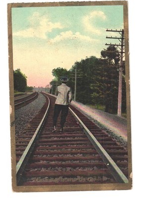 1909 T.H.E.L. Theochrom Postcard Man Walking Railroad Tracks South Plymouth MA