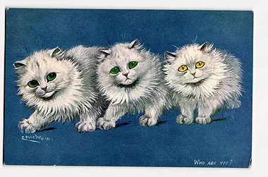 Louis Wain Who Are You three white cats vintage postcard