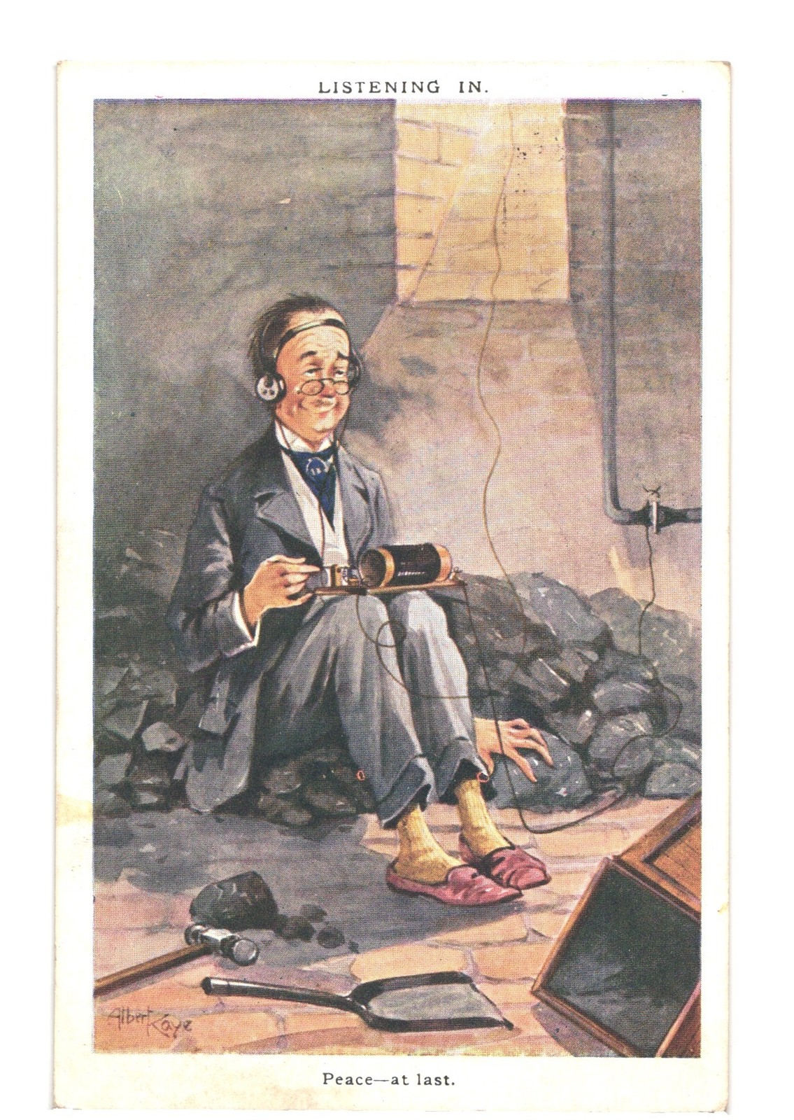 Albert Bye art 1924 postcard, man with wireless radio headphones, British Empire