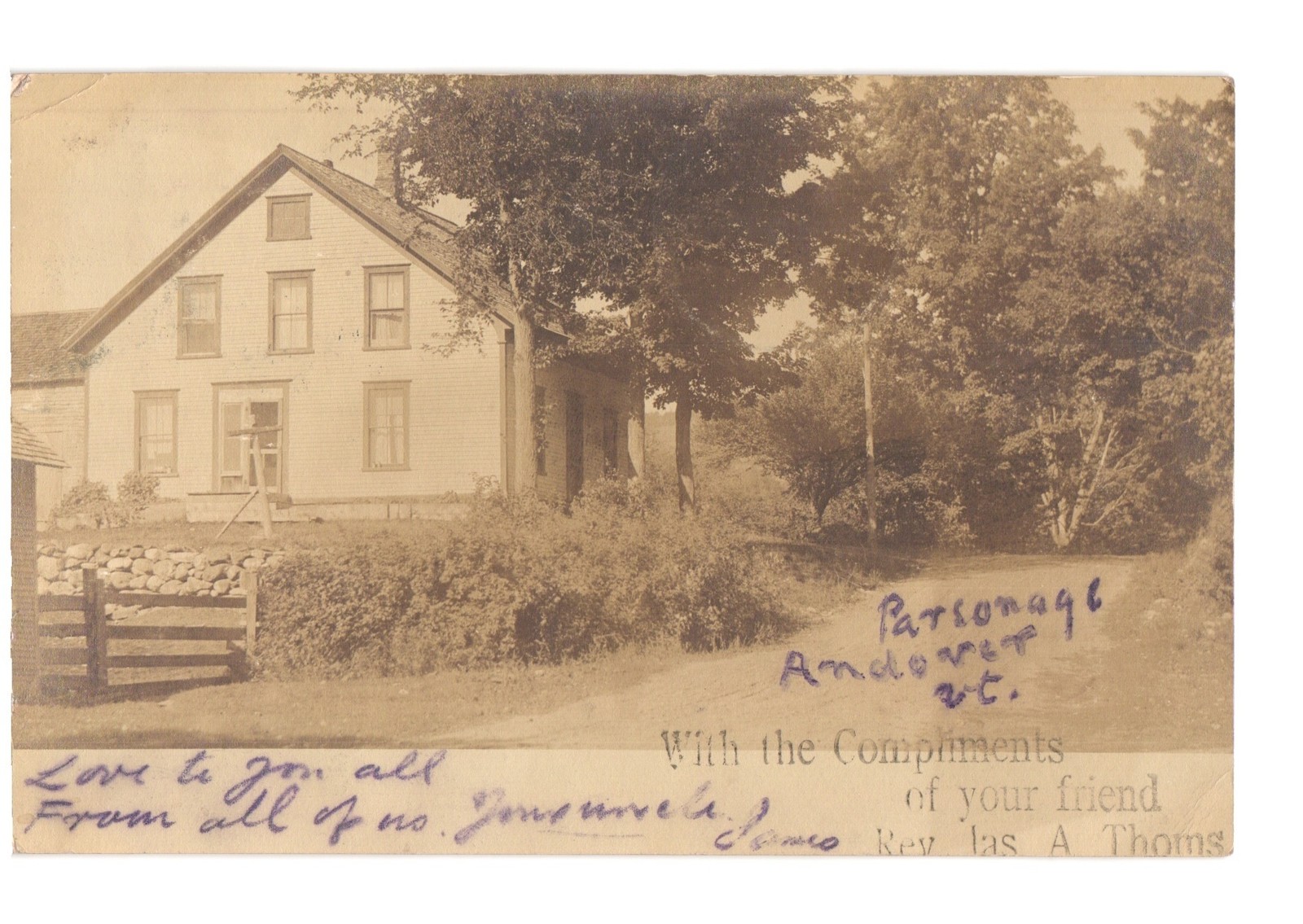 RPPC 1906 Andover Vermont parsonage house, Plymouth MA postmark, James A Thoms