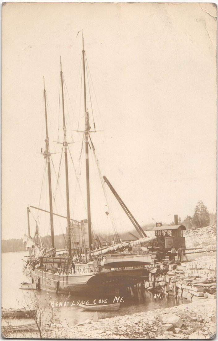 Real photo postcard of a schooner docked at Long Cove, Maine, c.1911