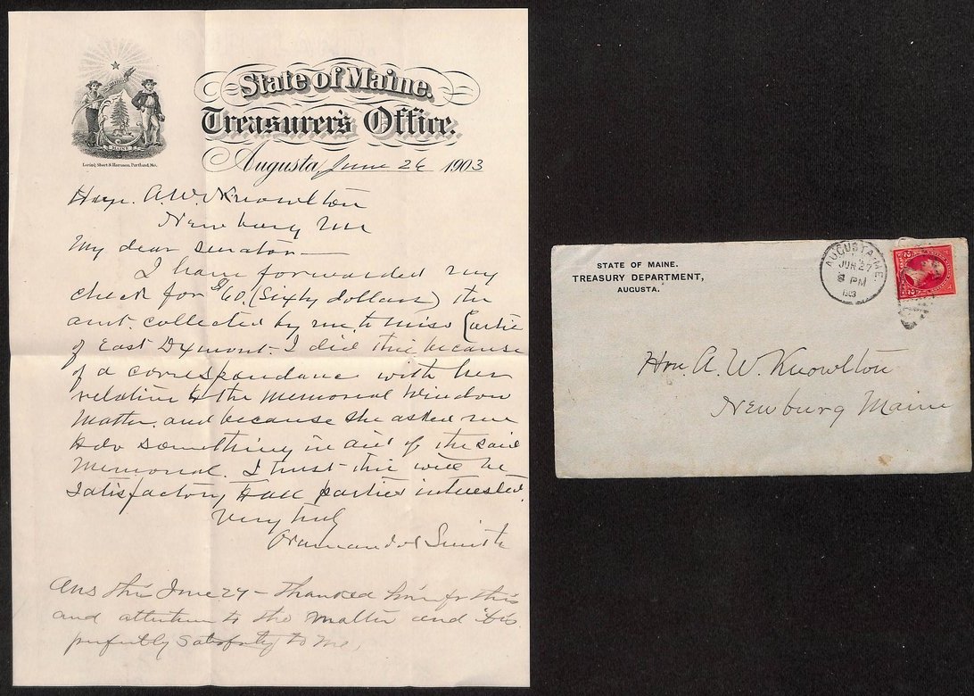 Maine Treasury Department handwritten letter with postmarked cover, Augusta, 1903