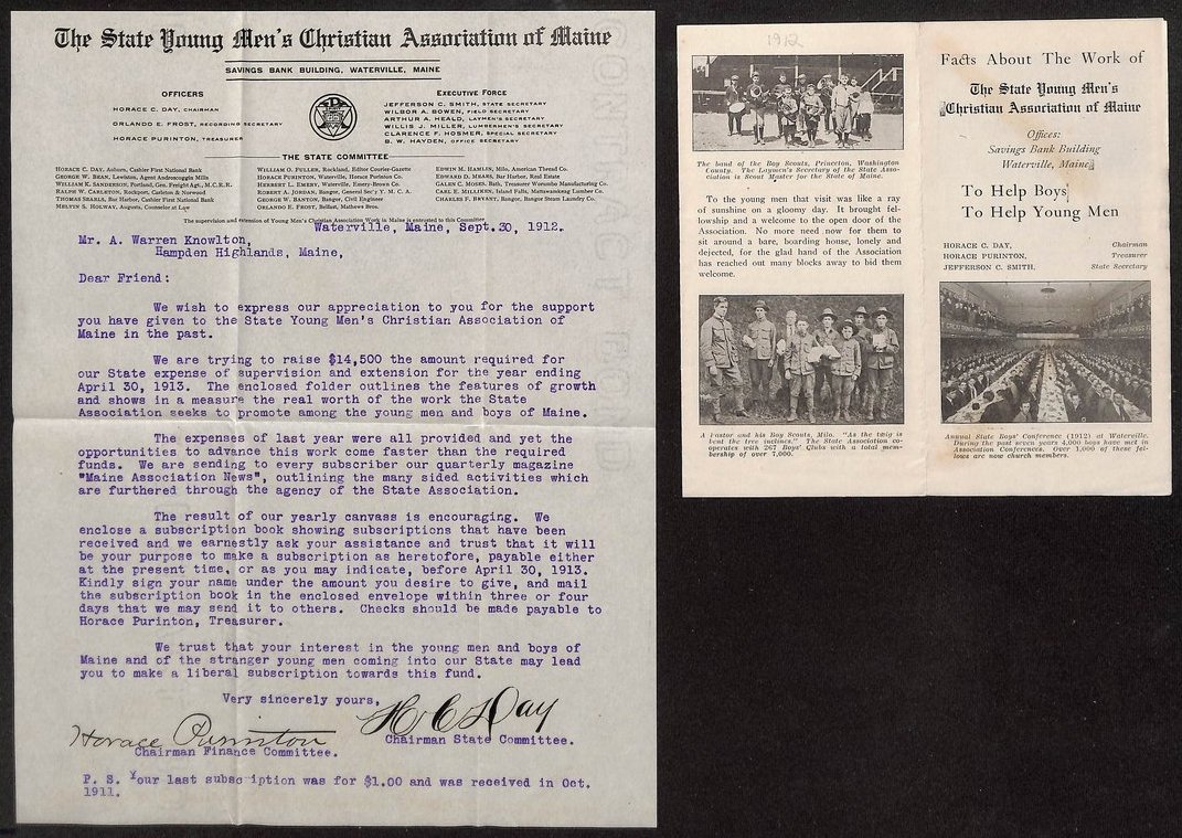 Y.M.C.A. of Maine 1912 fundraising letter and pamphlet