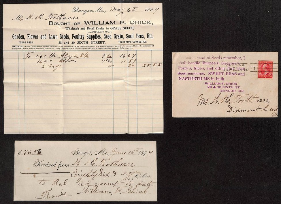 1899 William F. Chick seed dealer bill, postal cover, and receipt, Bangor ME