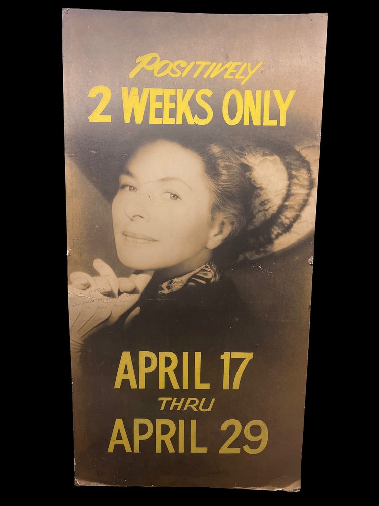 Ingrid Bergman signed theatre placard for Captain Brassbound's Conversion, Ethel Barrymore Theatre, April 1972, inscribed to co-star Manu Tupou