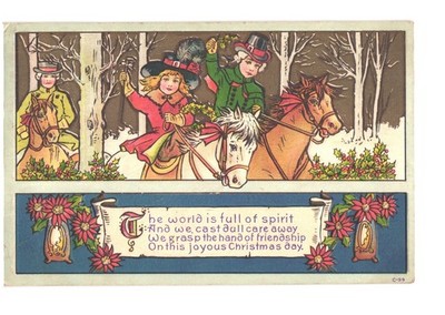 Christmas Postcard Children Horseback Riders Winter Scene Milford MA 1916 Mes...