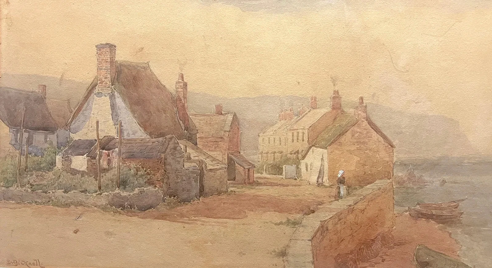Coastal Village Watercolor by Evelyn Montague Bicknell, American (1857–1936)