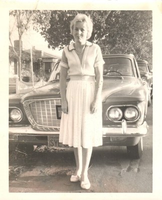 Early 1960s Woman Plymouth Valiant Car Fashion Outdoor Street Snapshot