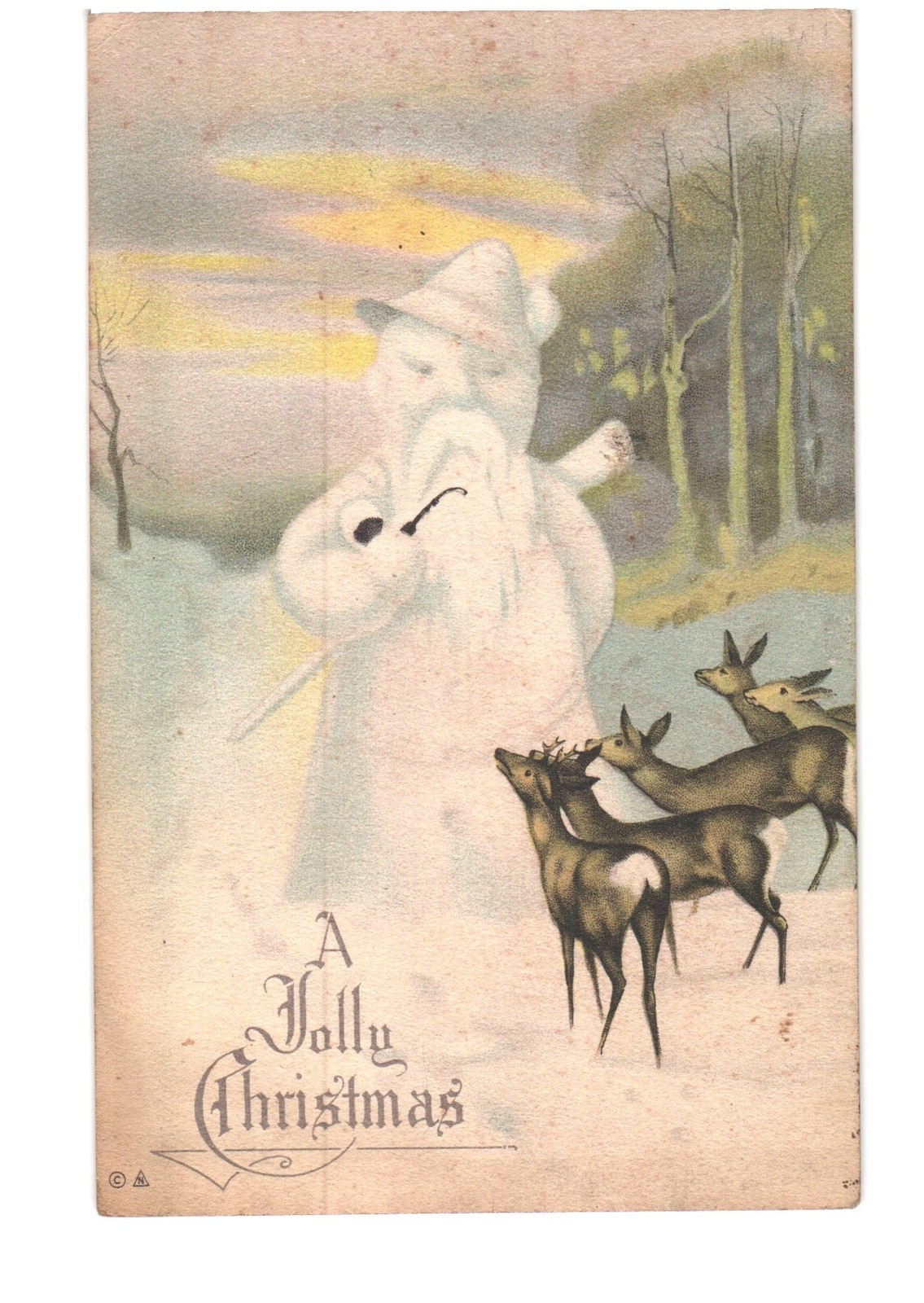 HENLITHCO Christmas Postcard — Snowman with Rifle and Deer, Snowy Winter Landscape