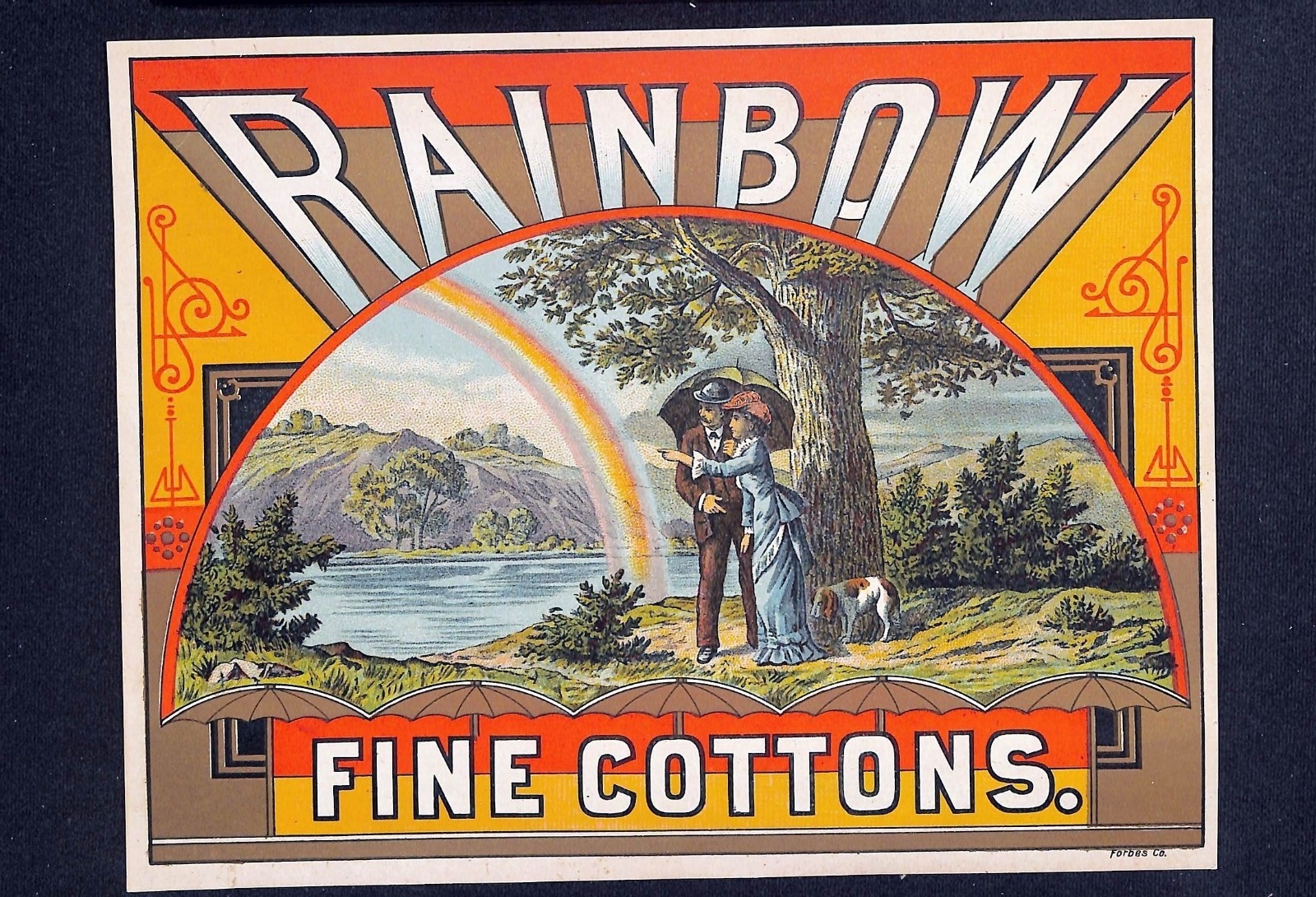 Antique Rainbow Fine Cottons paper label, Forbes Co. lithograph, circa 1880s