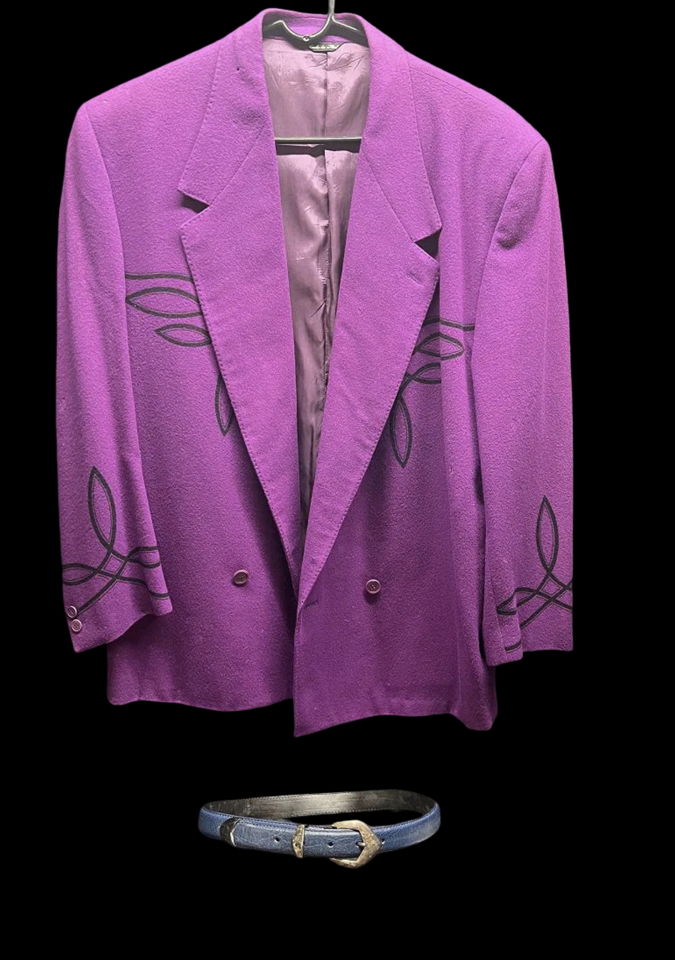 Sir Elton John purple wool Gianni Versace jacket with blue leather Mayr belt