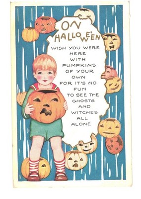 Whitney Made Halloween Postcard Boy Holding Pumpkin Jack-O'-Lantern Unposted